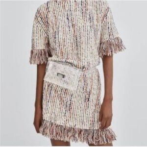 Zara Tweed Fringe Short Dress in Cream with Multicolor Speckle